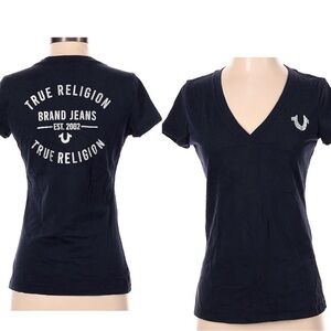 NWOT True Religion Foil Navy Blue & Silver Logo Slim V Neck Tee Shirt Small